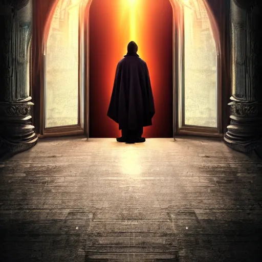 Image similar to a wizard in a cloak standing in front of the door of wisdom, tall door, high ceiling, magic light, cinematic atmosphere, high definition, ultra detailed