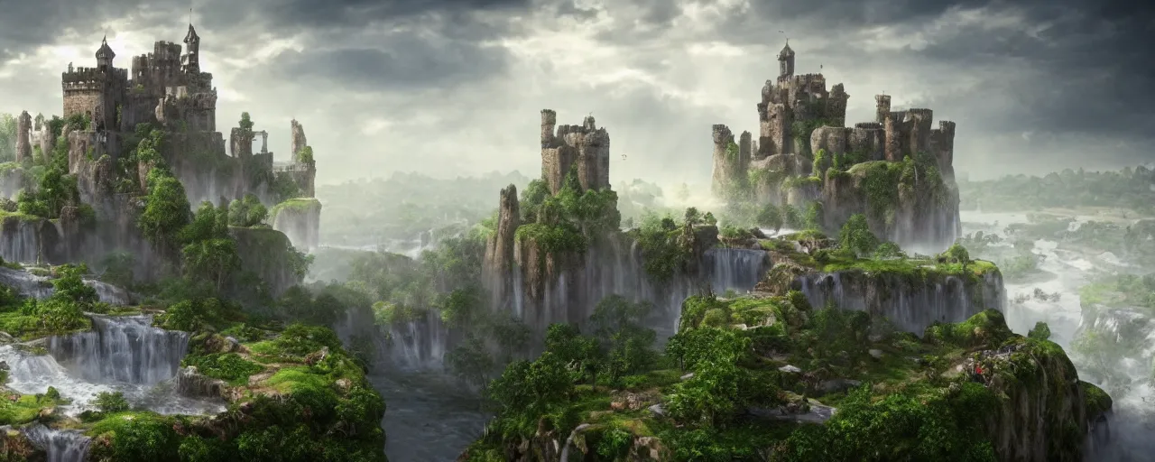 Image similar to a beautiful fantasy landscape of a large majestic medieval castle with lots of towers and huge walls on top of a lush cliff with a huge waterfalls in the middle, ruins of structures at the bottom, afternoon light streaking with god rays, ornate, detailed, octane render, 8k, trending on artstation deviantart google images, pinterest, canon 35mm lens