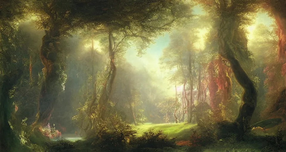 Image similar to Enchanted and magic forest, by John Martin