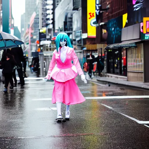 Image similar to hatsune miku cosplayer walking down a rainy new york city street, ef 8 5 mm f 1. usm