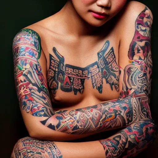 Image similar to 8 k award winning portrait photo of an asian beauty with tribal tattoos