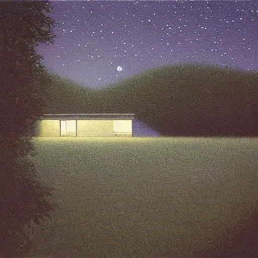 Image similar to painting by by Quint Buchholz, atmospheric cozy futuristic organic white concrete house in the middle of a lush and dense forest at night, a beautiful lake next to it, night time, night sky, starry night sky, by Quint Buchholz