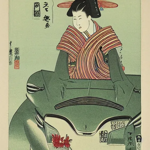 Image similar to a japanese print of a woman driving a frog car