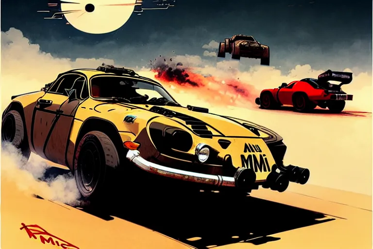 Image similar to mad max's alpine a 1 1 0 : : speeding, firing guns, lights on : : by ilya kuvshinov, rossdraws, artgerm, greg rutkowski makoto shinkai takashi takeuchi studio ghibli, akihiko yoshida : :