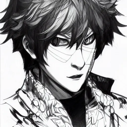 Image similar to Portrait of Ren Amimiya from Persona 5, art style of Yoji Shinkawa, Highly detailed, fantasy themed