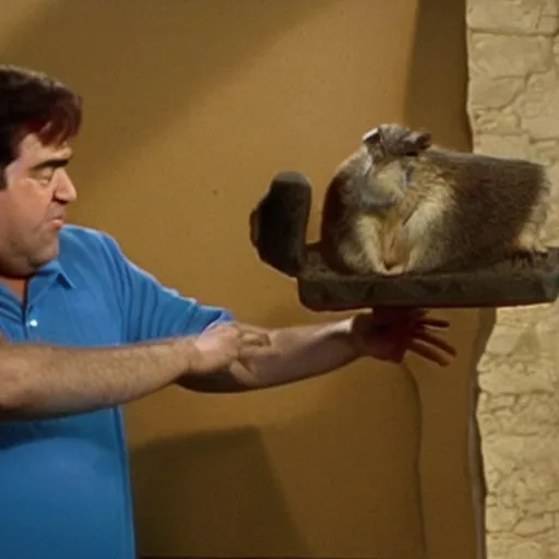 Prompt: fred flintstone talking to a hamster in ancient egypt, on the television show the office