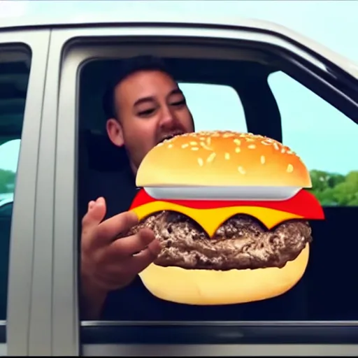 Image similar to anthropomorphic oozing garbage bag sitting in sweltering vehicle holding a cheeseburger for food review, still frame, youtube