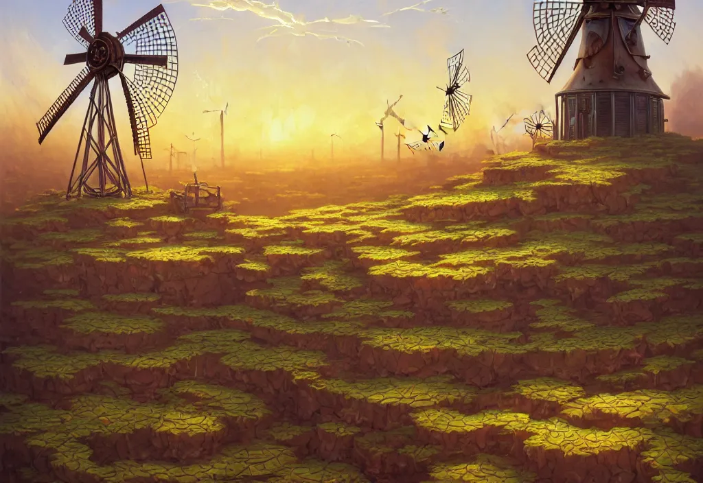 Image similar to steampunk windmill in the desert with chubby vines and puddles in the foreground, intricate oil painting, high detail illustration, sharp high detail, manga and anime 1 9 9 9, official fanart behance hd artstation by jesper ejsing and makoto shinkai, 4 k,