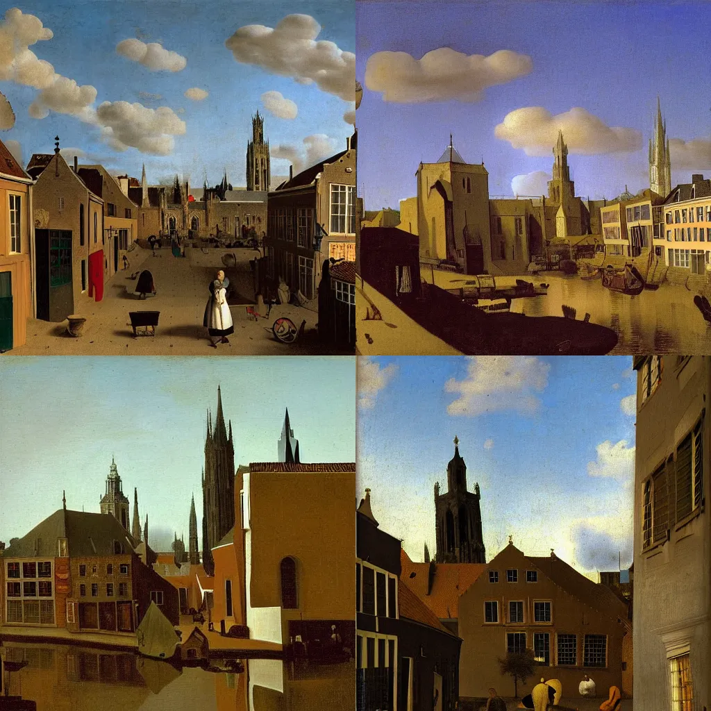 Prompt: View of Delft in 2022 by Johannes Vermeer