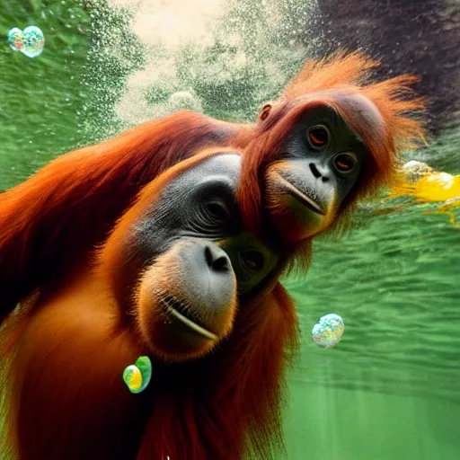 Prompt: an orangutan swimming underwater, bubbles, high quality photo