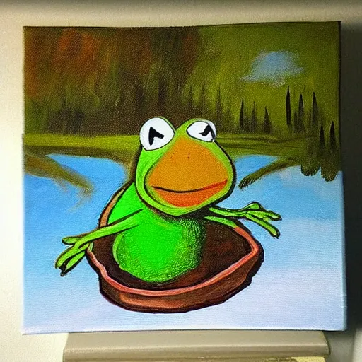 Image similar to “a bob ross style painting of kermit falling off a bridge”