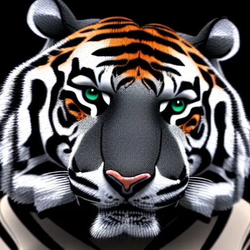 Image similar to anthropomorphic tiger in a black suit, ultra detail, ultra realistic, 8 k, black background, ssao