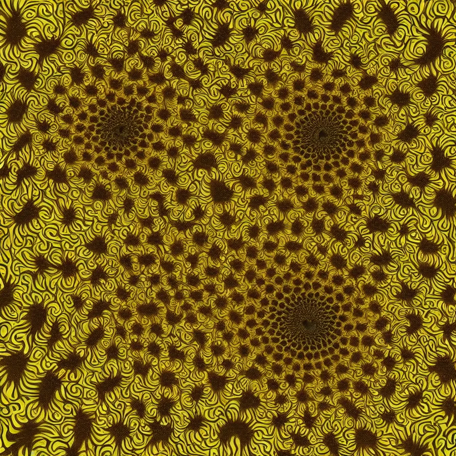 Prompt: award winning fine artwork of hypnotizing sunflower and nasturstium vines patterns, golden ratio, mandelbrot fractal, infinite tunneling