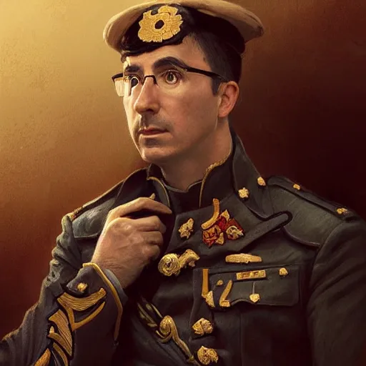 Image similar to portrait of stoic looking john oliver, military uniform, fantasy, intricate, elegant, highly detailed, centered, dark, smokey, charcoal painting, digital painting, artstation, concept art, smooth, sharp focus, illustration, art by artgerm and greg rutkowski and alphonse mucha