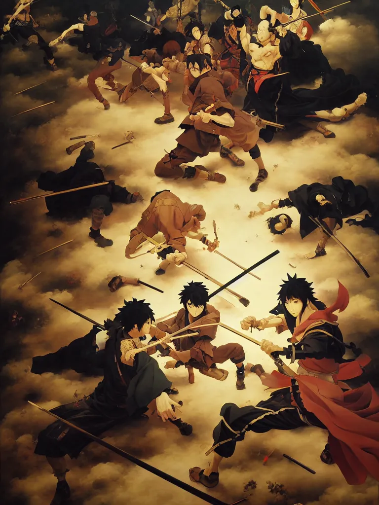 Image similar to baroque oil painting of key visual samurai fight, rule of thirds golden ratio, fake detail, trending pixiv fanbox, acrylic palette knife, style of makoto shinkai ghibli takashi takeuchi yoshiyuki sadamoto jamie wyeth james gilleard greg rutkowski chiho aoshima