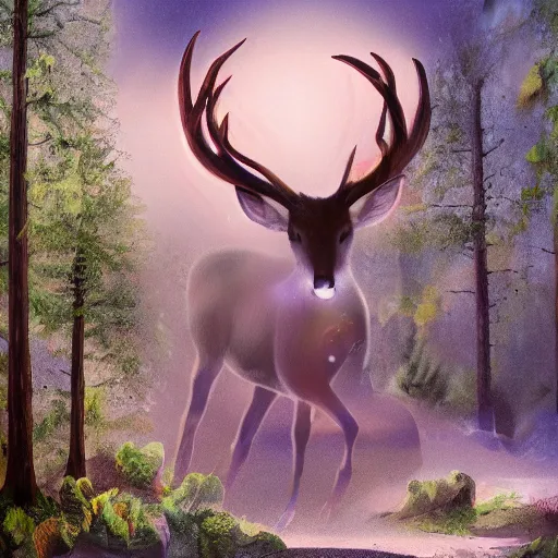 Image similar to fairy deer flying through magicla forests, digital art, glow