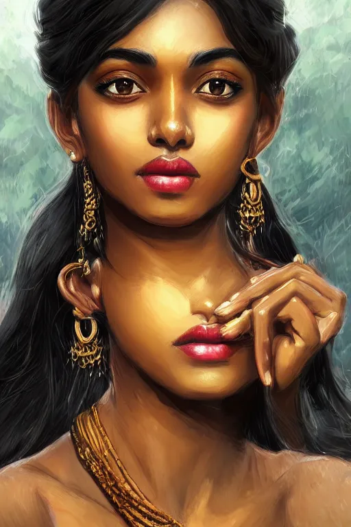Prompt: A bust of a beautiful black skinned Sri Lankan girl with lovely lips and smooth eyebrows and straight hair, HD, illustration, epic, fantasy, intricate, elegant, amazing detail, digital painting, artstation, concept art, smooth, sharp focus, illustration, art by Turine Tran