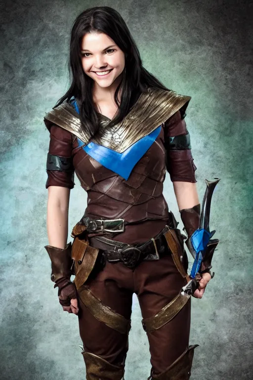 Image similar to fantasy character photo, live action. female ranger. danielle campbell. manic grin, yandere. tall, lanky, athletic, wiry. brown & dark forestgreen leather armor. small tilted lightgreen feathered cap worn at jaunty angle. black hair in ponytail. bright blue eyes.