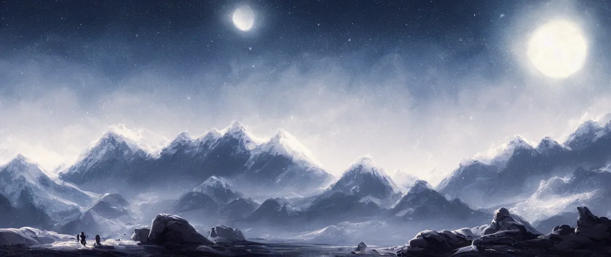 Image similar to snowy mountain range, stars in sky, whales swimming in sky, digital painting, concept art, high detail, style of Jordan Grimmer, fluffy calm clouds, matte painting, high res, moon shine, volumetric, starry sky