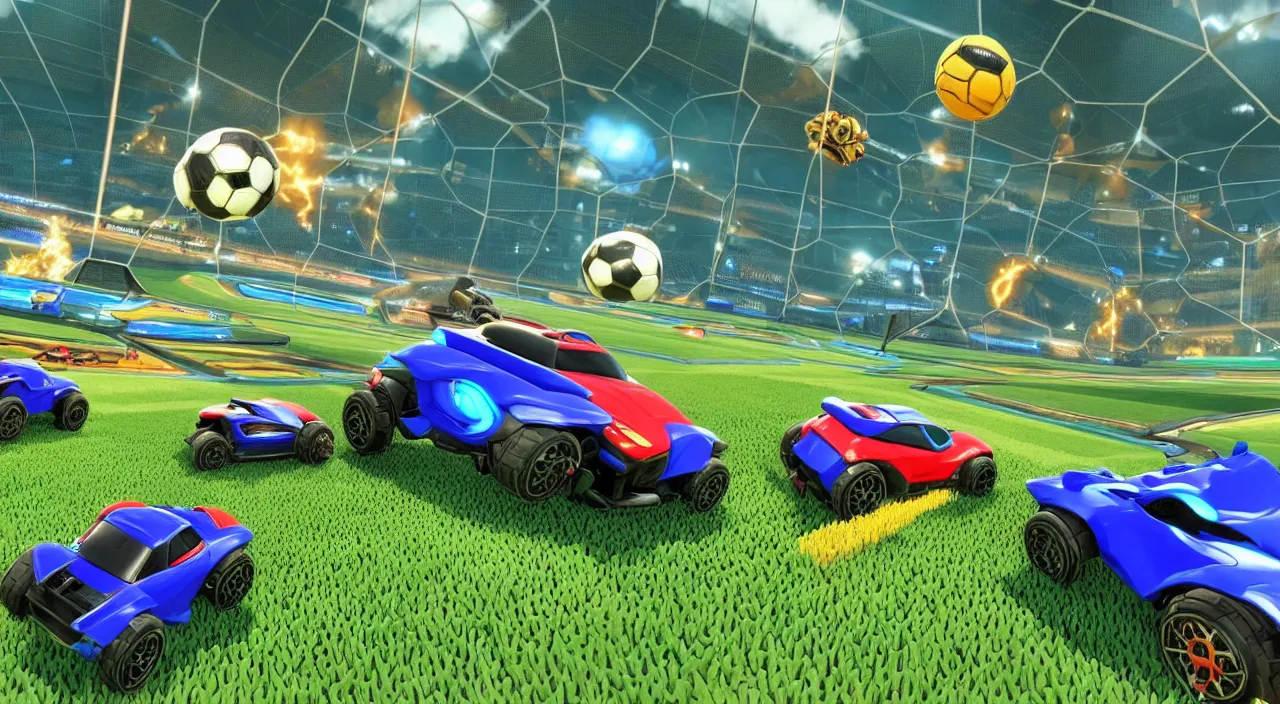 Image similar to a game of rocket league where the two cars have to stop due to a group of lost japanese tourists wandering across the field