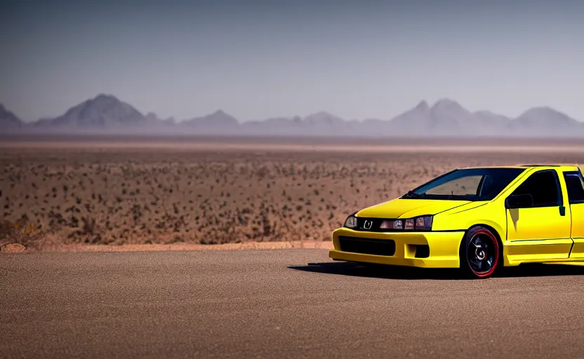 Image similar to photograph of a cell-shaded yellow Honda Civic EK9 Type-R, on a desert road with a futuristic city in the horizon, kicking up dirt, sigma 85mm f/1.4, 4k, depth of field, high resolution, 4k, 8k, hd, full color