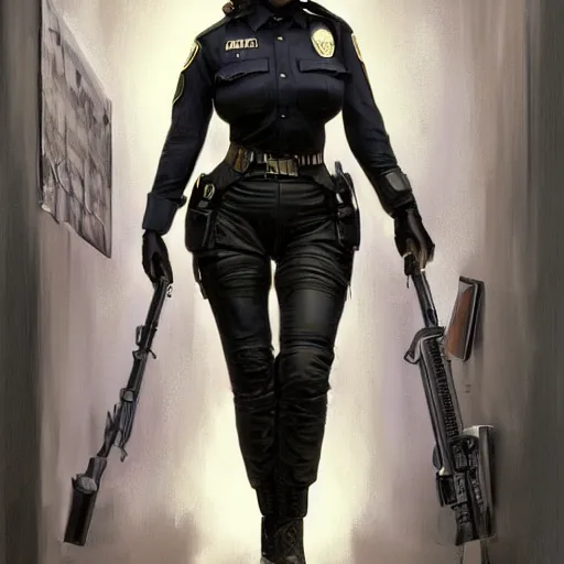 Image similar to kim kardashian as a cop, police uniform, full body view, full pov, haunted house interior, pretty, aesthetic, dust molecules, matte detailed photo, DeviantArt, Artstation, by donato giancola, ralph horley, loish, cinematic lighting