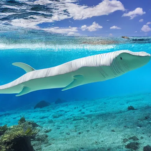 Image similar to photo of a plesiosaur swimming next to boat in crystal clear tropical water