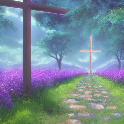 Image similar to a christian cross as the light at the end of the tunnel, purple and pink undertones, with a few vines and overgrowth, studio ghibli, cinematic, realistic painting, high definition, digital art, symmetrical, very detailed, extremely high detail, photo realistic, concept art, unreal engine 5,