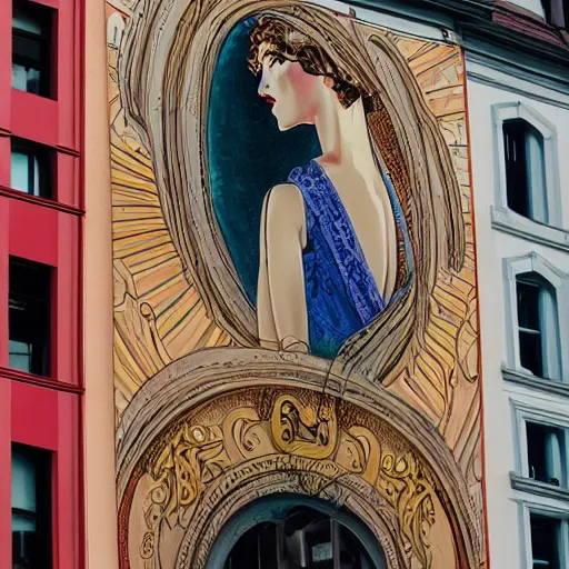 Prompt: art nouveau mural on the side of a building, beautiful woman, Nikon 50mm