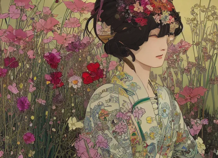 Image similar to oil painting, long shot, beautiful floralpunk japanese bio mechanical female illustration detailed patterns art of japan traditional dress, flower pop art, floral splash painting, art by ashley wood, alphonse mucha, makoto shinkai, geof darrow, dark shadow