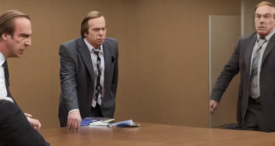 Image similar to saul goodman fighting michael mckean in court, still from better call saul