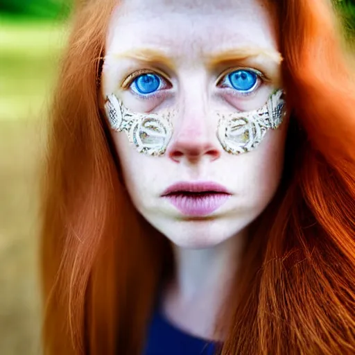 Image similar to close up half-face portrait photograph of a ginger woman with deep blue eyes. Wavy long hair. she looks directly at the camera. Slightly open mouth, face covers half of the frame, with a park visible in the background. 135mm nikon. Intricate. Very detailed 8k. Sharp. Cinematic post-processing. Award winning portrait photography