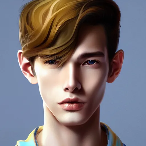 Image similar to colorful Captivating teenage boy with brown blond short quiff hair and thin facial structure with cleft chin, crooked nose, good definition of cheekbones, Alert brown eyes, narrow face, slim body, wearing a detailed Japanese kimono with golden details, atmospheric lighting, painted, intricate, 4k, highly detailed by Charlie Bowater