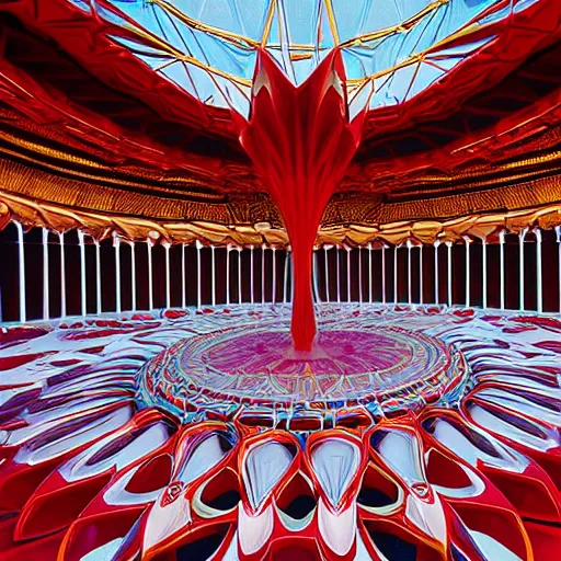 Prompt: interior of a futuristic lotus mandala temple with gold, red and white marble panels, in the desert, by buckminster fuller and syd mead, intricate contemporary architecture, photo journalism, photography, cinematic, national geographic photoshoot