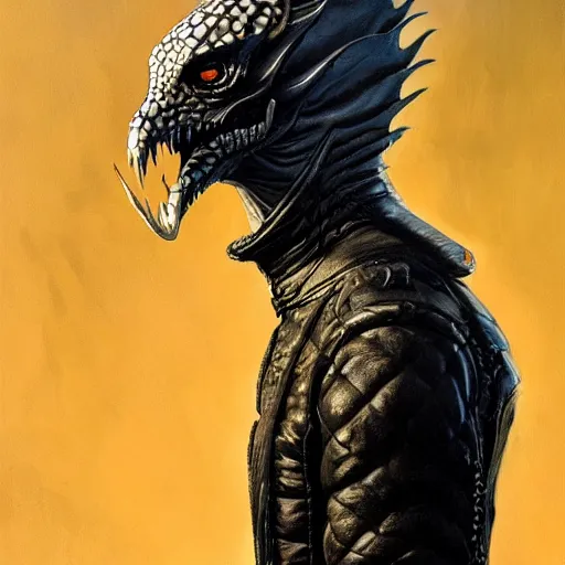 Prompt: reflective black-scaled thin chaotic neutral DnD lizardborn wearing a biker jacket and holding a scimitar, DnD Character, Oil Painting, Greg Rutkowski, head view, beautiful portrait, trending on artstation, character, smug