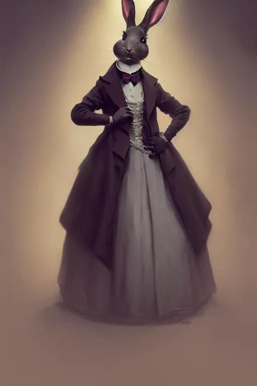 Image similar to portrait of an anthropomorphic rabbit in a victorian - era ballgown, dramatic lighting, highly detailed, digital painting, artstation, concept art, smooth, sharp focus, illustration, art by wlop, mars ravelo and greg rutkowski