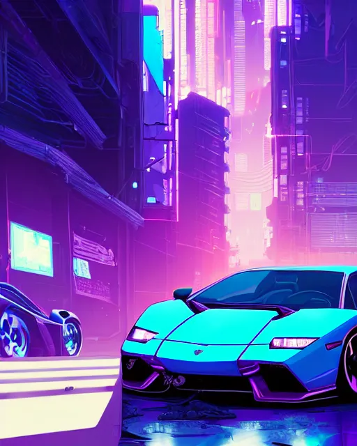 Image similar to digital illustration of cyberpunk pretty girl with blue hair, looking at a purple lamborghini, in junkyard at night, by makoto shinkai, ilya kuvshinov, lois van baarle, rossdraws, basquiat