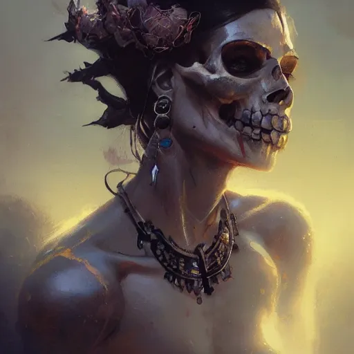 Image similar to a beautiful portrait of skull goddess by greg rutkowski and raymond swanland, dark background, trending on artstation