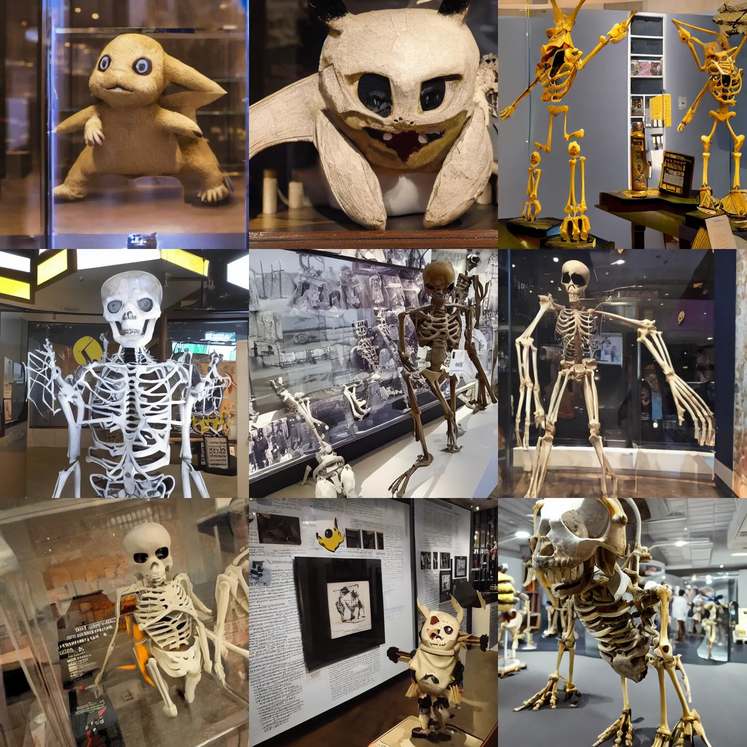 Image similar to photo of a pikachu skeleton on display in a museum