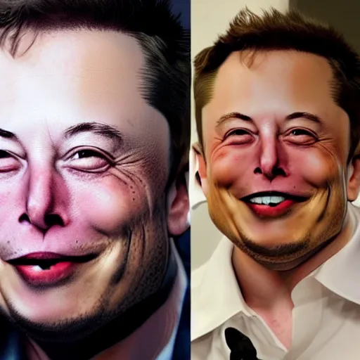 Image similar to elon musk with white eyes, smiling creepy at a camera, realistic photo