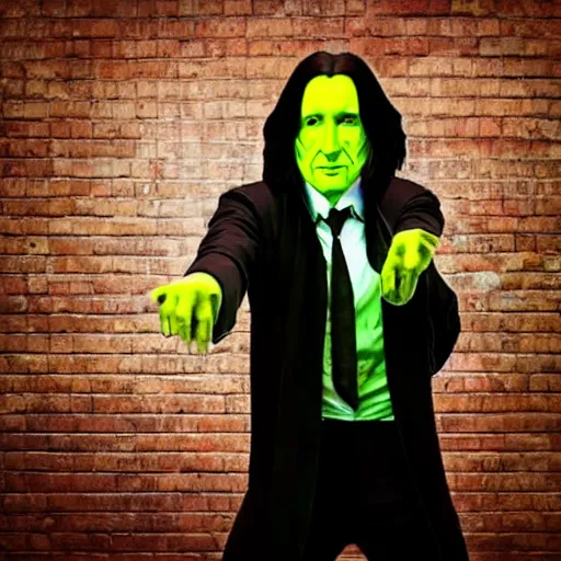 Image similar to Severus Snape dances in a bar, fish lens, neon, realistic, full body, very detailed, super realistic