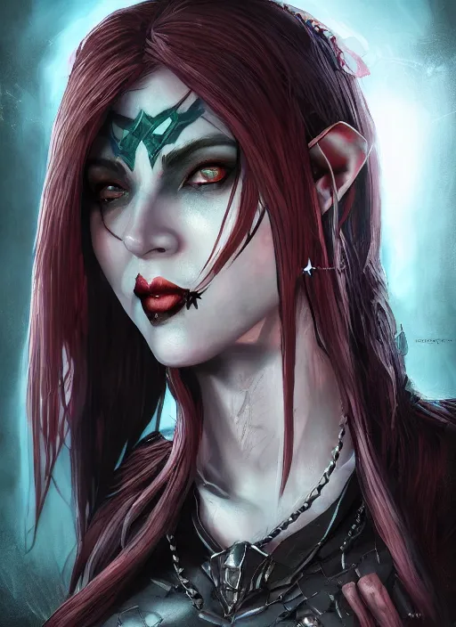 Image similar to A fantasy comic book style portrait painting of a vampiric female elf Sorcerer in a atmospheric dark fortress, unreal 5, DAZ, hyperrealistic, octane render, RPG portrait, ambient light, dynamic lighting