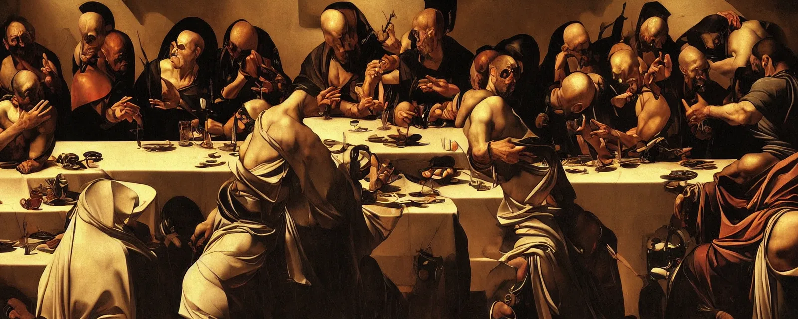 Prompt: Love death robots，The Last Supper，Realism，Renaissance，Detailed Digital Art，by Caravaggio