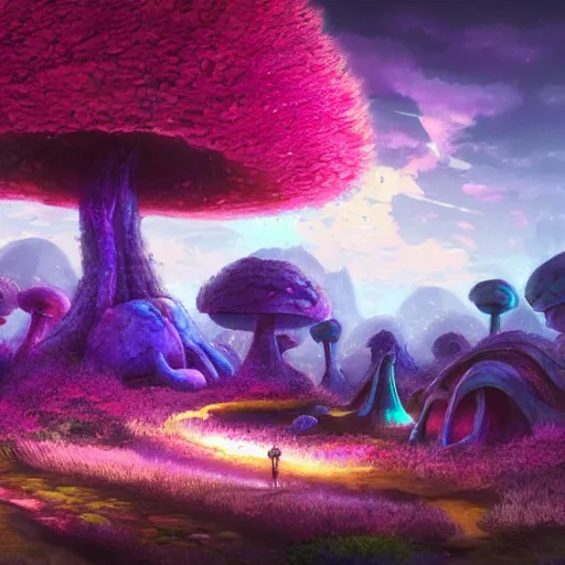 Image similar to concept art painting of a fantasy alien fungal landscape at night, magenta trees, glowing blue mushrooms, village of houses made of mushrooms, dark purple sky, realistic, detailed, cel shaded, in the style of makoto shinkai and greg rutkowski and albert bierstadt and james gurney