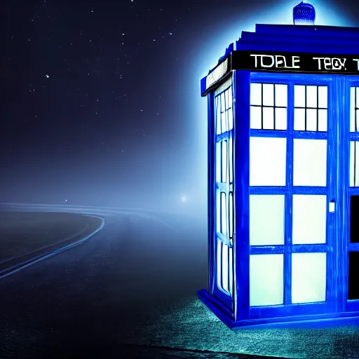 Image similar to a hyperdetailed photograph of the tardis sat on a futuristic street corner, night, dense fog, rain, hd, 8 k resolution