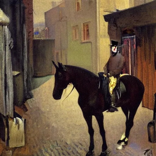 Image similar to painting of a man on a horse in a Dublin alleyway, painted by George Bellows, 1905