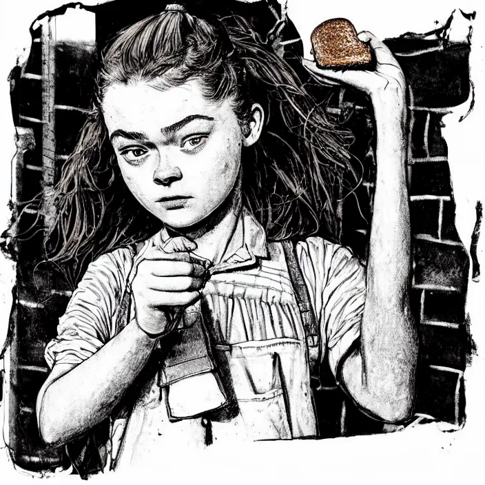 Prompt: extreme close - up on sadie sink as a miner : she lifts a chunk of bread with her hand. background : black!! tiles on walls. black and white, pencil and ink. by gabriel hardman, joe alves, chris bonura. cinematic atmosphere, detailed and intricate, perfect anatomy