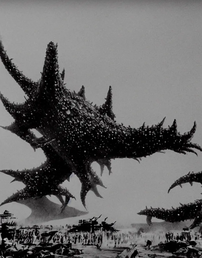 Image similar to a filmstill of a north korean monster movie, kaiju - eiga monster with starfish - arms trampling a traditional korean palace, foggy, film noir, epic battle, etheral, explosions, communist propaganda, communist epic thriller produced by kim jong - il, cinematography by akira kurosawa and tim burton, video compression