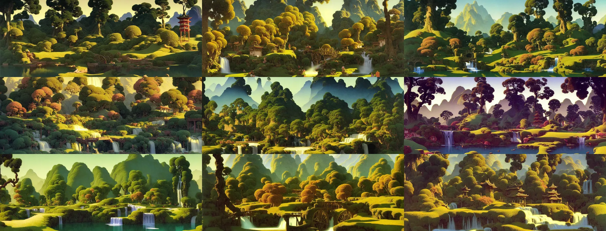 Prompt: a gorgeous landscape painting by barlowe wayne maxfield parrish and marco mazzoni. early spring morning. close - up shot on hyper detailed trees has just sprouted. tyndall effec!! light effect. chinese village. china waterwheel. the winding steps, waterfall from the mountain. ultra clear detailed. highly detailed, 3 d, octane render.