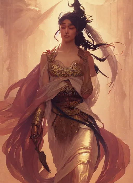 Prompt: xianxia hero, epic, fantasy, orientalist, intricate, elegant, highly detailed, digital painting, artstation, concept art, matte, sharp focus, illustration, art by greg rutkowski and alphonse mucha